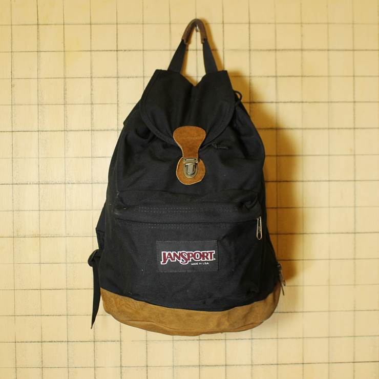 JANSPORT ジャンスポーツ リュックサック ナイロンキャンバス ボトムスウェードレザー  ブラック 黒 ディパック 古着 USED 070319ss28