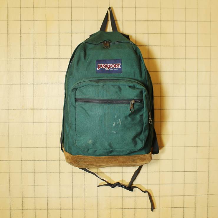 JANSPORT ジャンスポーツ リュックサック ナイロンキャンバス スウェードレザー  グリーン 緑 バックパック デイパック 古着 070319ss29