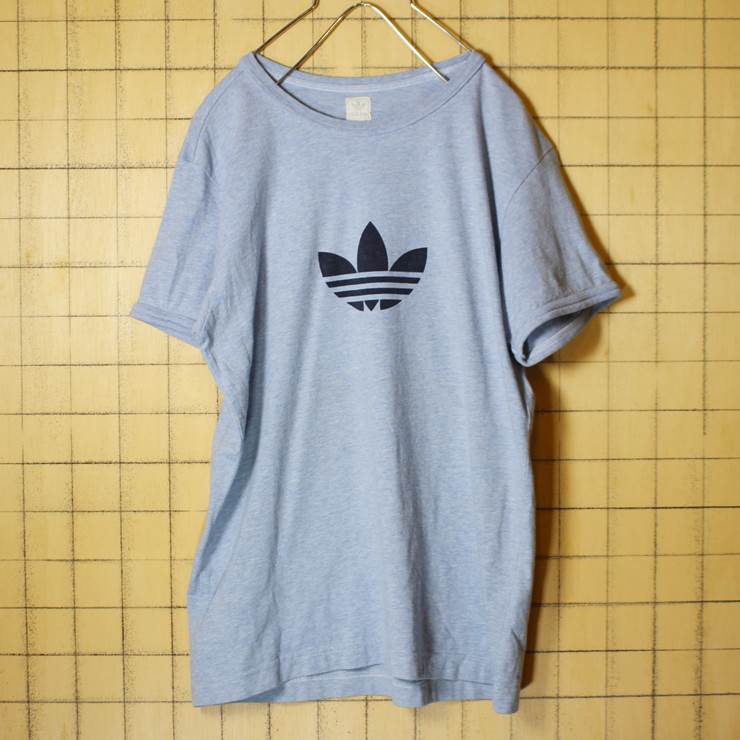 adidas アディダス ロゴ プリント 半袖 Tシャツ 霜降り 杢ブルー メンズS トレフォイルマーク 古着