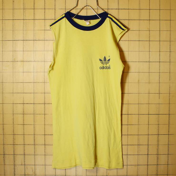 ヨーロッパ 70s adidas アディダス ロゴ プリント ノースリーブ Tシャツ イエロー メンズS相当 トレフォイルマーク タンクトップ 古着