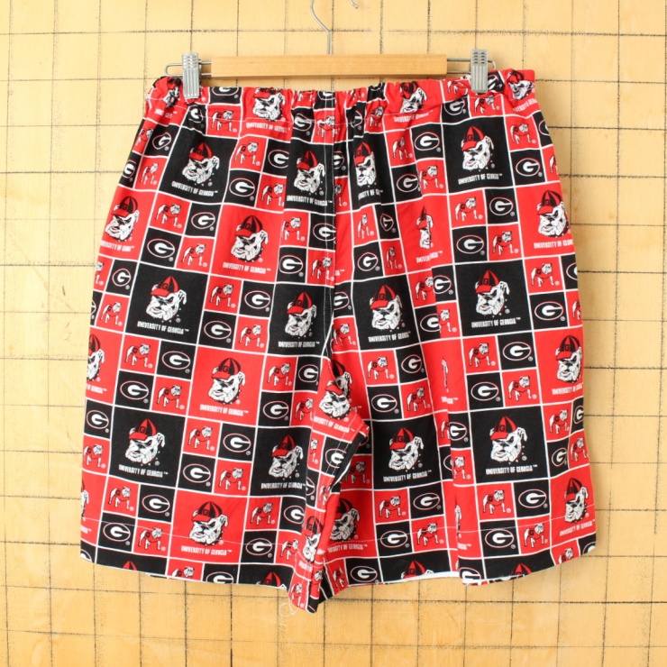 USA UNIVERSITY OF GEORGIA ブルドッグ 総柄 コットン ショートパンツ レッド ブラック メンズXL相当 ショーツ ハーフ アウトドア アメリカ古着