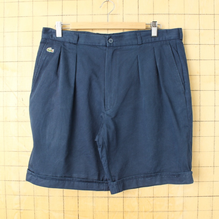 70s 80s フランス製 フレンチラコステ Lacoste 2タック コットン ショーツ ショートパンツ ネイビー ブルー メンズW35相当 ヨーロッパ古着