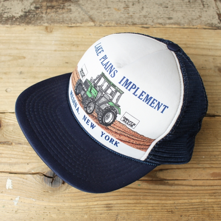 80s 90s USA LAKE PLAINS IMPLEMENT メッシュキャップ 帽子 ネイビーブルー フリーサイズ アメリカ古着