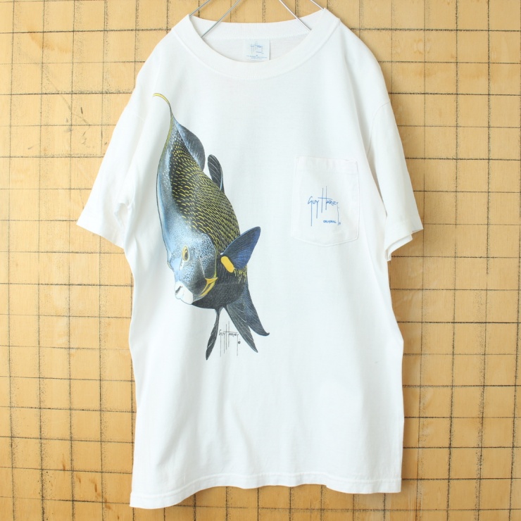 90s USA製 GUY HARVEY ガイ ハーベイ 両面プリント ポケット Tシャツ 半袖 ホワイト メンズM 熱帯魚 アメリカ古着