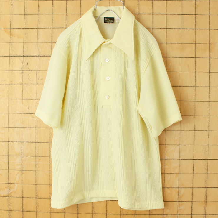 70s 80s USA JCPenney ポリニット ポロシャツ メンズL イエロー 半袖 アメリカ古着
