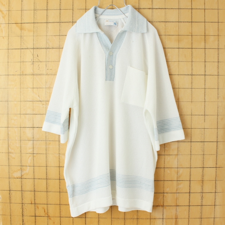70s 80s USA JCPenney ポリニット オープンカラー ポロシャツ メンズXL ホワイト 半袖 アメリカ古着