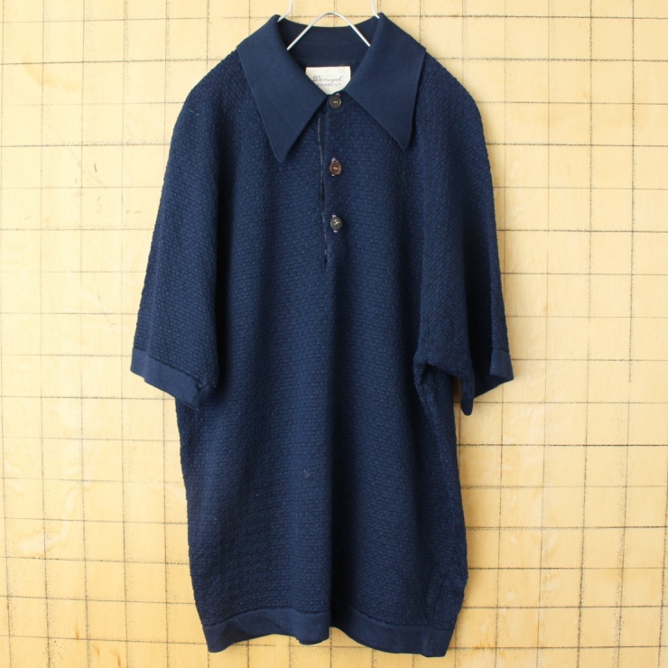 70s 80s USA Donegal ニット ポロシャツ メンズM ネイビー ブルー 半袖 アメリカ古着