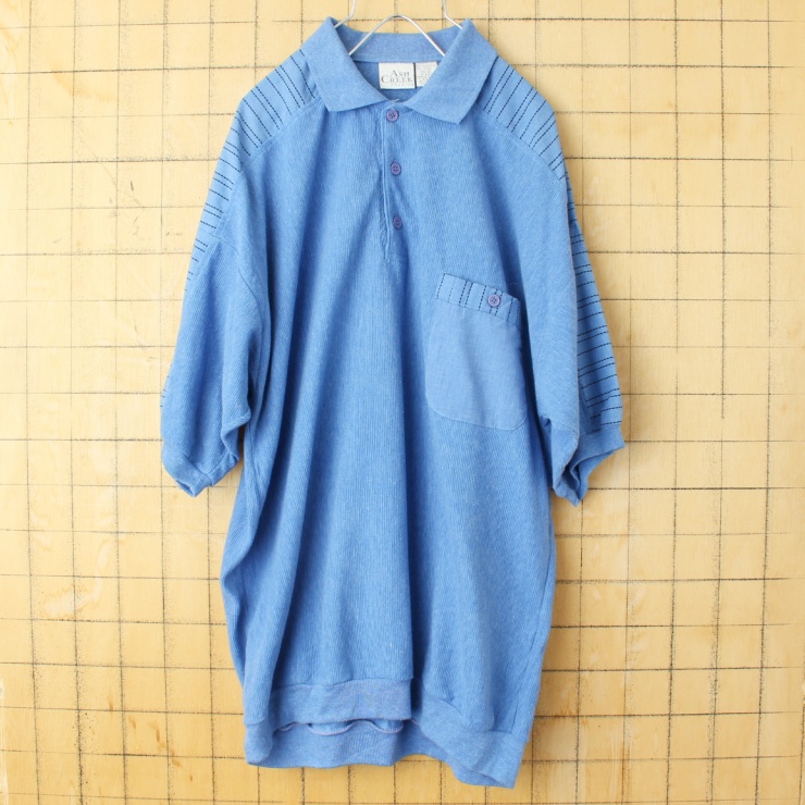 70s 80s USA ASH CREEK ポロシャツ メンズL ネイビー ブルー 半袖 アメリカ古着