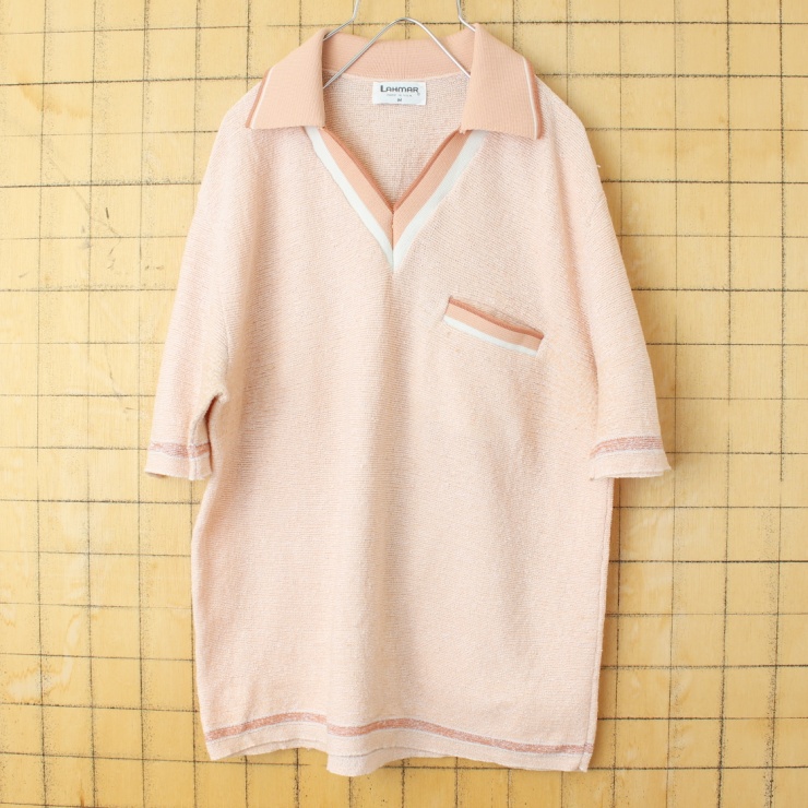 70s 80s USA製 LAHMAR パイル地 ポロシャツ メンズM オレンジピンク 半袖 アメリカ古着