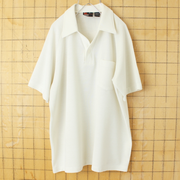 70s 80s USA ROBERT BRUCE ポリニット オープンカラーポロシャツ メンズXL オフホワイト 半袖 アメリカ古着 050725ss184