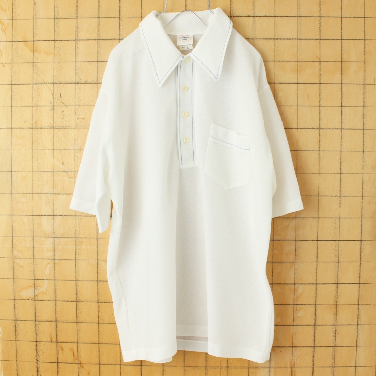 70s 80s USA製 Jantzen ポリニット ポロシャツ メンズL ホワイト 半袖 アメリカ古着