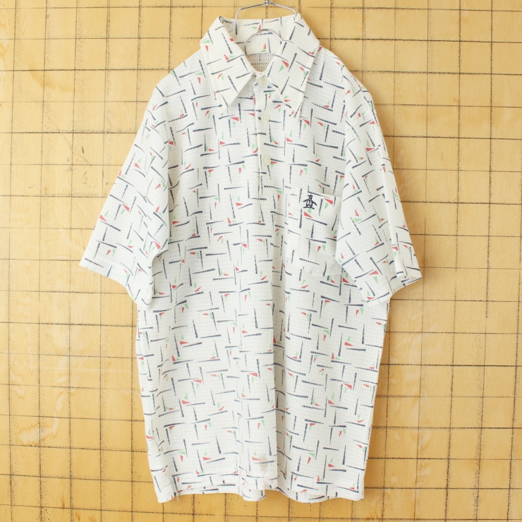 70s 80s USA Munsingwear ポリニット 総柄ポロシャツ メンズM相当 ホワイト 半袖 アメリカ古着