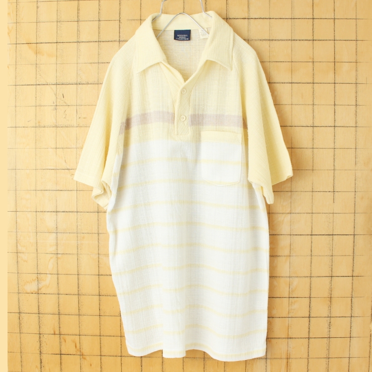 70s 80s USA製 MERVYN'S MEN'S COLLECTION ポリニット オープンカラーポロシャツ メンズXL イエロー 半袖 アメリカ古着