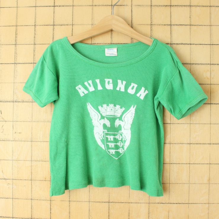 60s 70s FRANCE製 8ans キッズ Tシャツ プリント 半袖 グリーン 100cm相当 キッズサイズ 子供服 ヨーロッパ古着