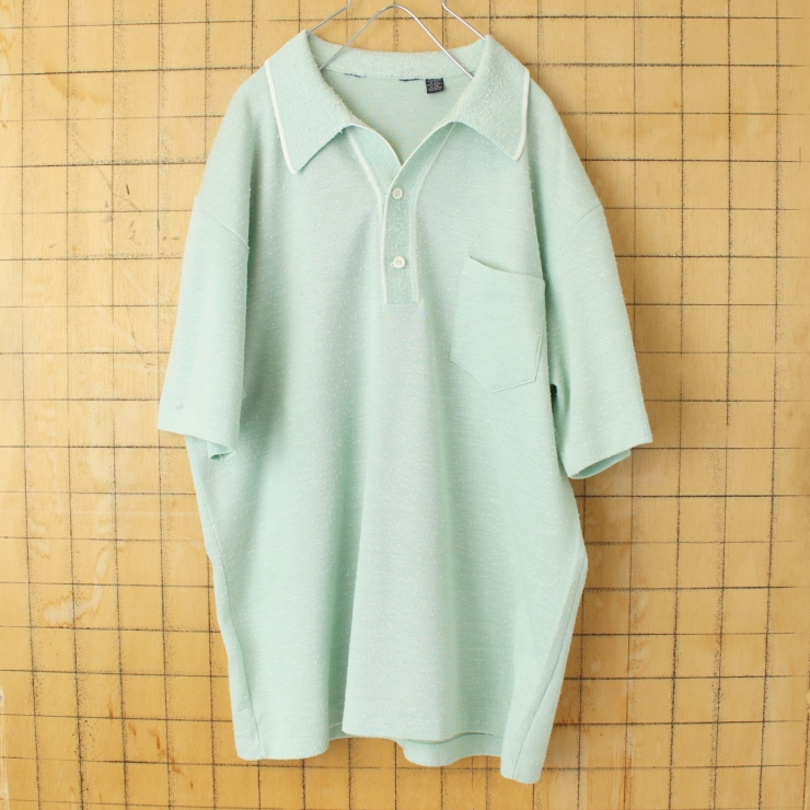 70s 80s USA ROBERT BRUCE ポリニット オープンカラーポロシャツ メンズXL相当 ライトグリーン 半袖 アメリカ古着 050725ss193