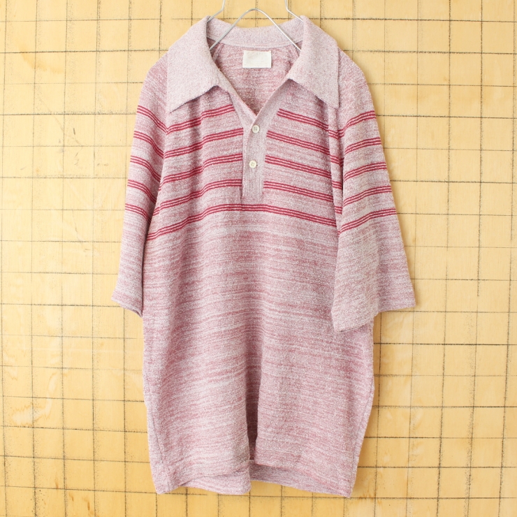 70s 80s USA ポリニット オープンカラー ポロシャツ メンズL レッド 半袖 アメリカ古着