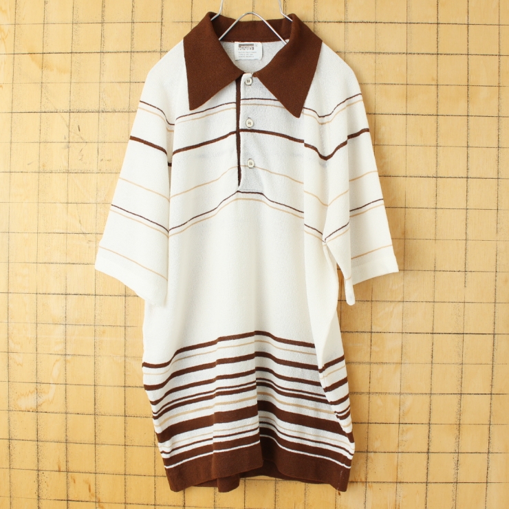 70s 80s USA MONTGOMERY WARD ポリニット ポロシャツ メンズL ブラウン ホワイト 半袖 アメリカ古着