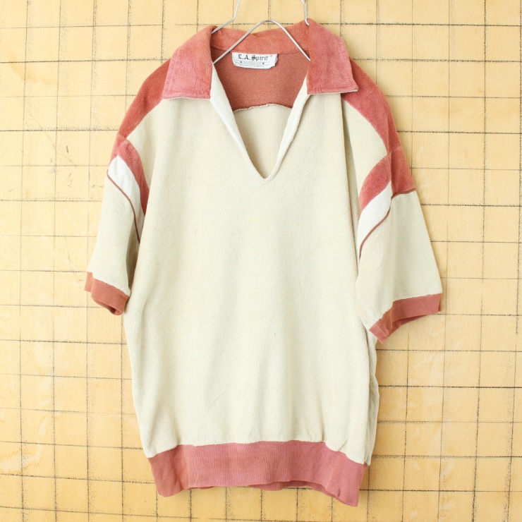 70s 80s USA L.A.Spirit ベロア ポロシャツ メンズS ベージュ ブラウン 半袖 アメリカ古着