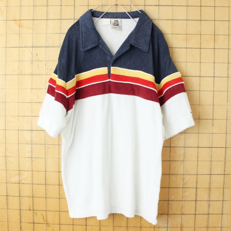 70s 80s USA KENNINGTON ケニントン パイル地 オープンカラー ポロシャツ ネイビー ホワイト メンズXL 半袖 ビーチ オールドサーフ アメリカ古着