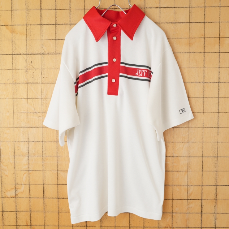 70s 80s USA製 RUSSELL ATHLETIC ボーダーポロシャツ メンズM ホワイト レッド 半袖 ポリエステル アメリカ古着