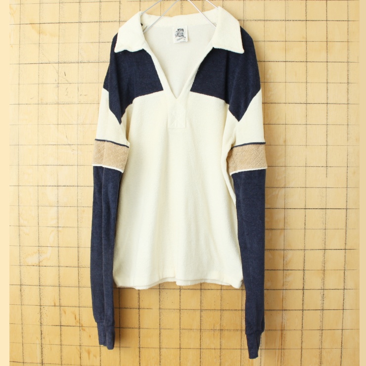 70s 80s USA KENNINGTON ケニントン パイル地 オープンカラー ポロシャツ オフホワイト ネイビー メンズSM相当 長袖 ビーチ オールドサーフ アメリカ古着