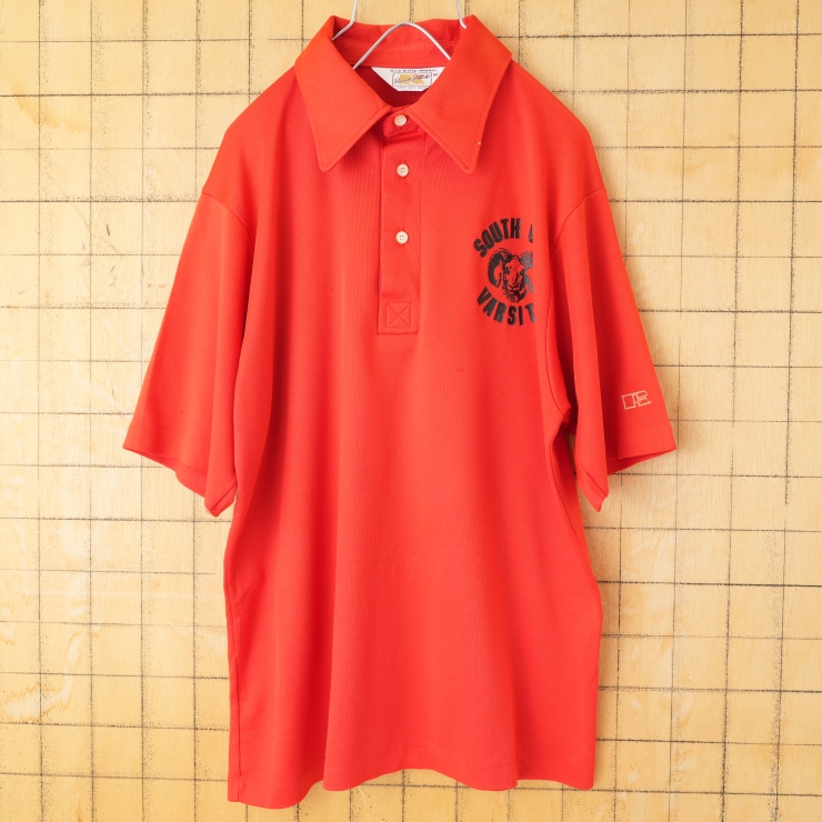 70s 80s USA製 RUSSELL ATHLETIC SOUTH GATE VARSITY ポロシャツ メンズM レッド 半袖 ポリエステル アメリカ古着