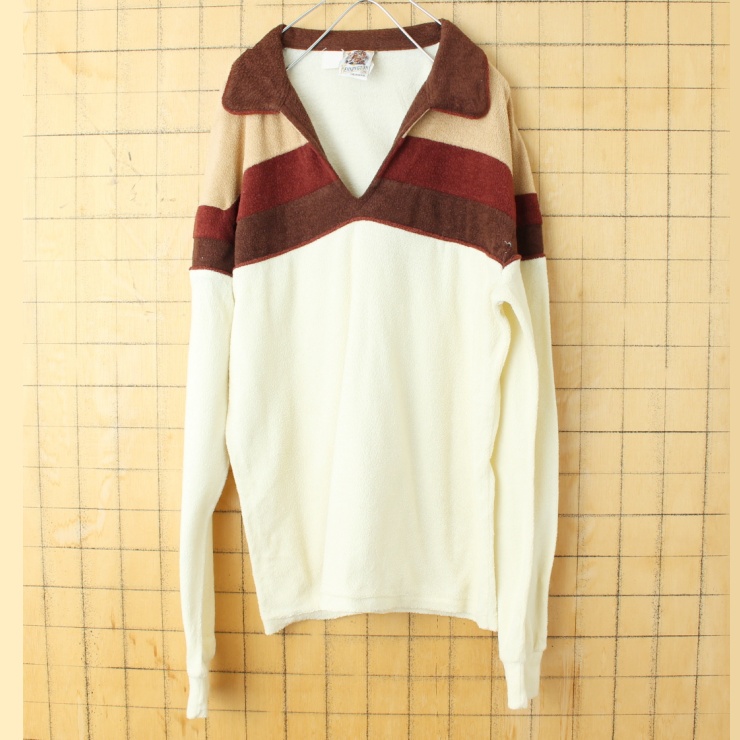 70s 80s USA KENNINGTON ケニントン パイル地 オープンカラー ポロシャツ オフホワイト ブラウン メンズM相当 長袖 ビーチ オールドサーフ アメリカ古着