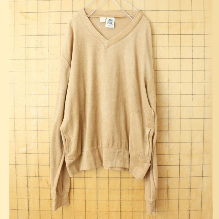 70s 80s USA KENNINGTON ケニントン パイル地 Vネック 長袖 Tシャツ ベージュ メンズXL ロンT ビーチ オールドサーフ アメリカ古着