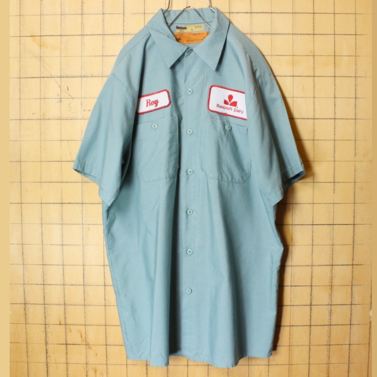 70s 80s USA製 RED KAP レッドキャップ ワッペン ワーク シャツ ライトグリーン メンズL 半袖 アメリカ古着 071322ss109