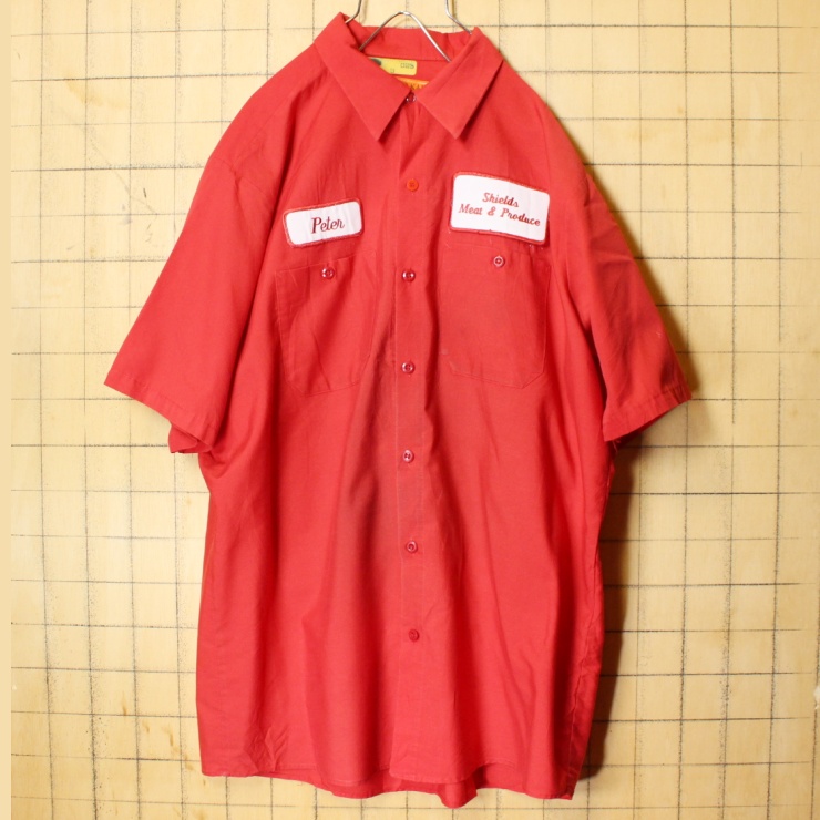 70s 80s USA製 RED KAP レッドキャップ ワッペン ワーク シャツ レッド メンズL 半袖 アメリカ古着 071322ss112