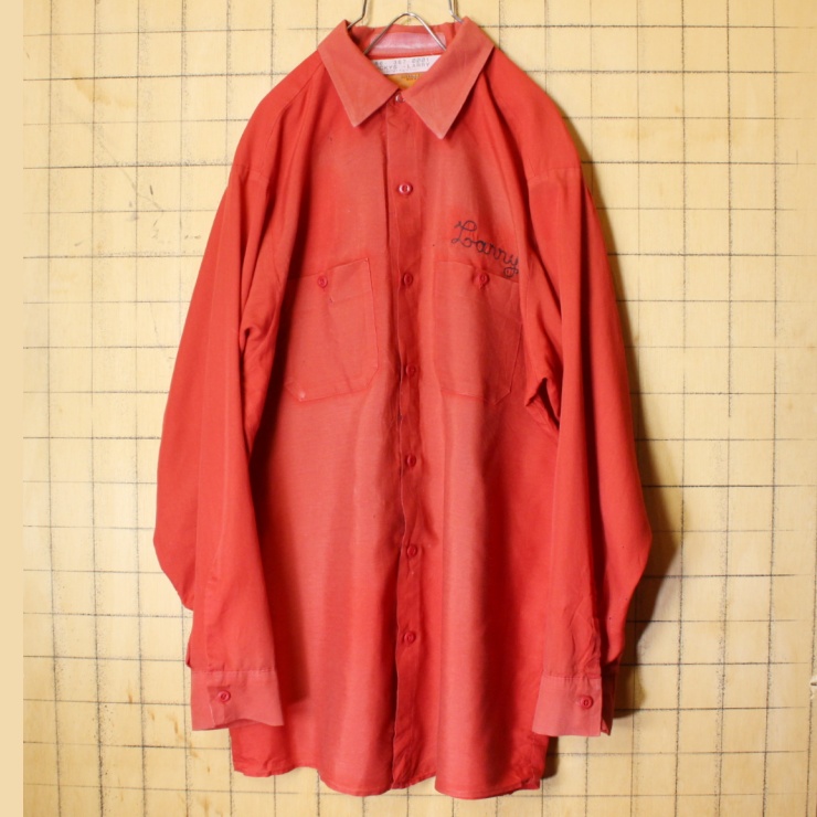 70s 80s USA製 RED KAP レッドキャップ チェーンステッチ ワーク シャツ レッド メンズL 長袖 アメリカ古着 071322ss114