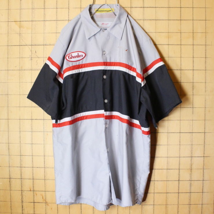 70s 80s USA製 RED KAP レッドキャップ ワッペン ワーク シャツ グレー ブラック メンズM 半袖 アメリカ古着 071322ss125