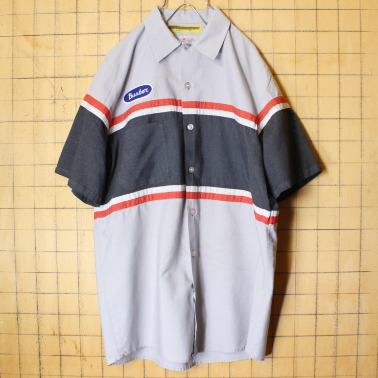 70s 80s USA製 RED KAP レッドキャップ ワッペン ワーク シャツ グレー ブラック メンズM 半袖 アメリカ古着 071322ss126