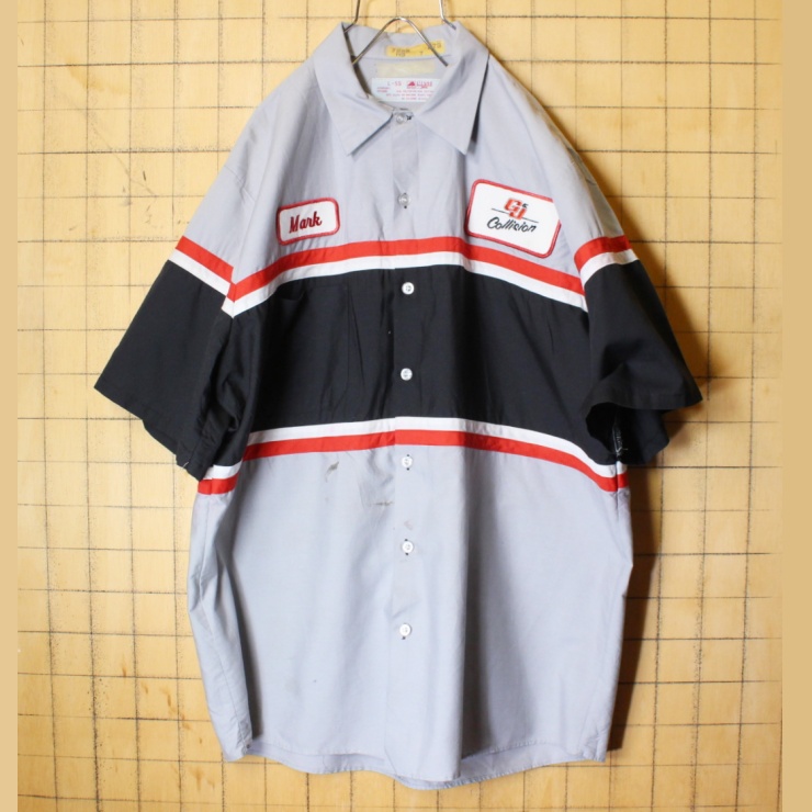 70s 80s USA製 RED KAP レッドキャップ ワッペン ワーク シャツ グレー ブラック メンズL 半袖 アメリカ古着 071322ss128