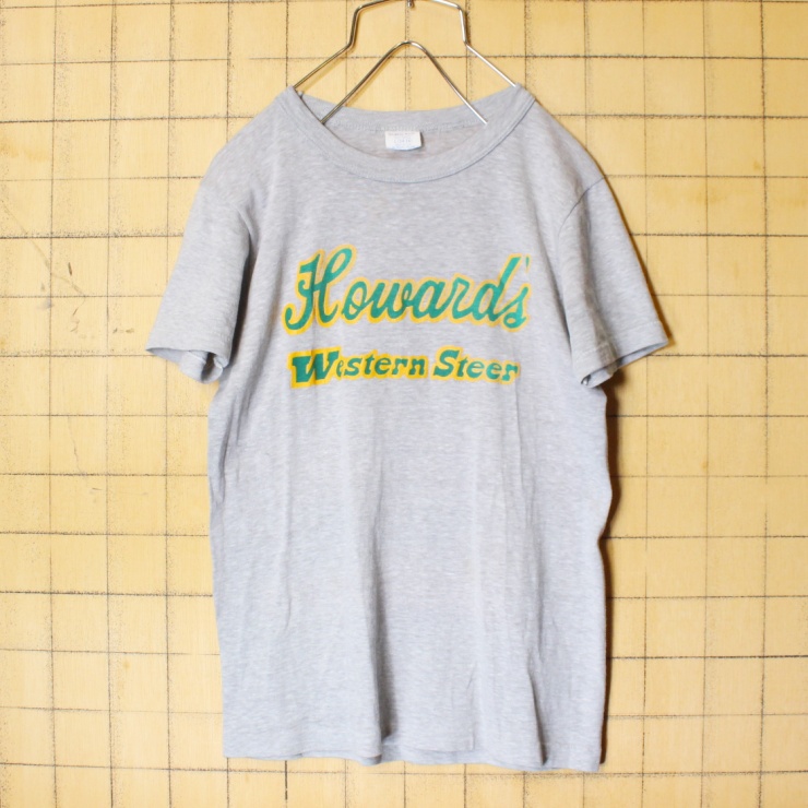70s 80s USA製 Quaker Knit Howard's Western Steer プリント Tシャツ 半袖 グレー レディースXS キッズL アメリカ古着