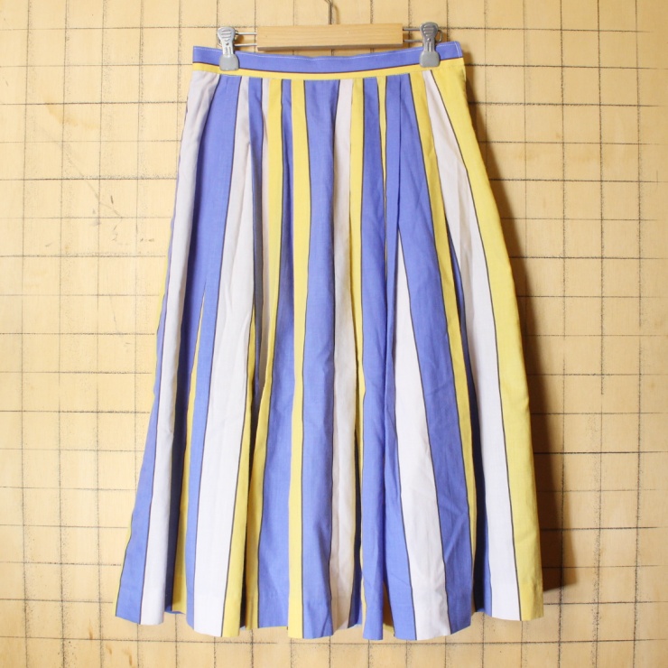 70s 80s EURO ストライプ ブルー イエロー ロング丈 スカート レディースML相当 ヨーロッパ古着