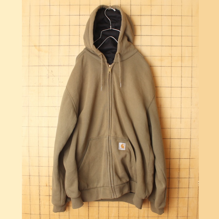 USA carhartt カーハート ジップアップ スウェットパーカー カーキ メンズM 裏メッシュ フーディー アメリカ古着