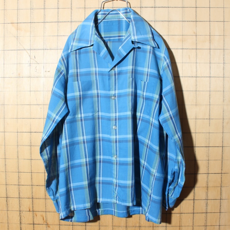 60s 70s USA オープンカラー チェック ボックス シャツ メンズML相当 ブルー 青 長袖 開襟 アメリカ古着