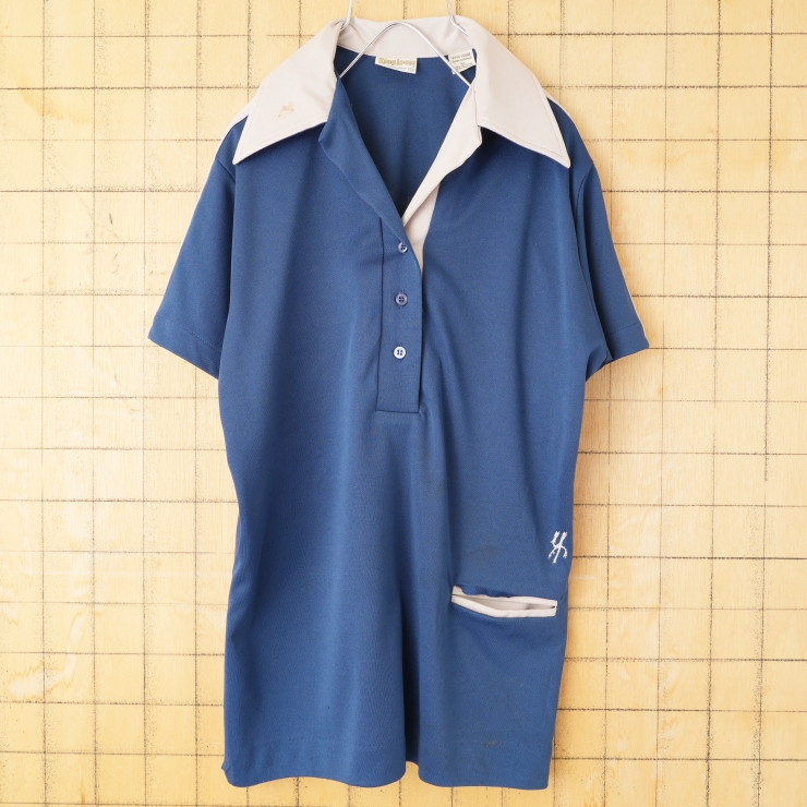 70s 80s USA製 King Louie プルオーバーボウリングシャツ レディースSM相当 ネイビー ブルー 半袖 ポリエステル アメリカ古着