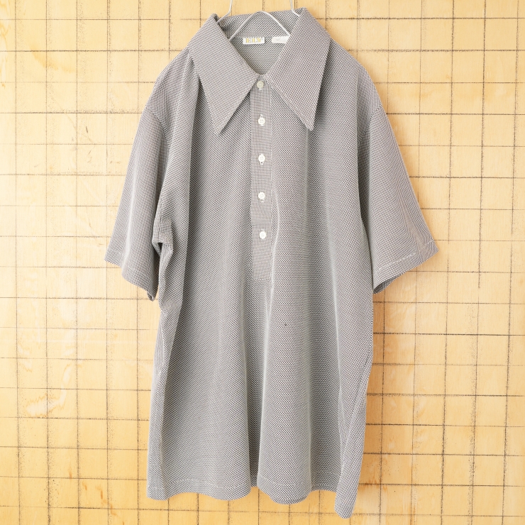 70s 80s USA製 ELY 総柄ポロシャツ メンズL グレー 半袖 ポリエステル アメリカ古着