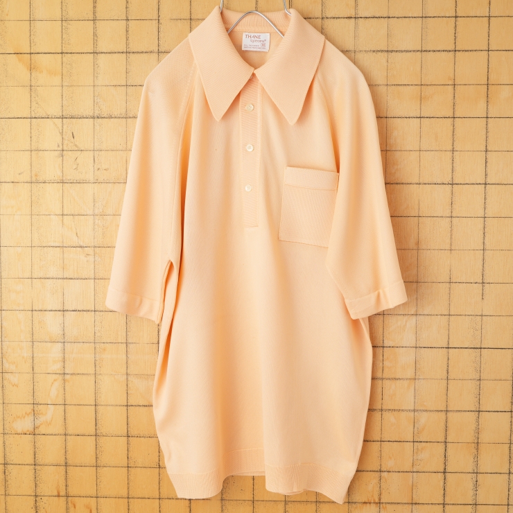 70s 80s USA THANE tycora ポロシャツ メンズM サーモンピンク 半袖 ポリエステル アメリカ古着