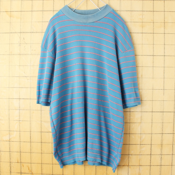 70s 80s USA ボーダー 半袖 ニット Tシャツ ブルー メンズM相当 アメリカ古着
