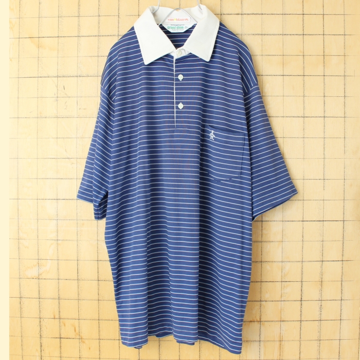 70s 80s USA製 Grand Slam MUNSINGWEAR ボーダーポロシャツ メンズXL ネイビーブルー 半袖 アメリカ古着