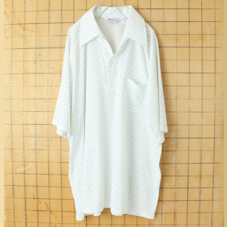 70s 80s USA製 Lilly Dache ドット柄 ポロシャツ メンズXL ホワイト 半袖 アメリカ古着