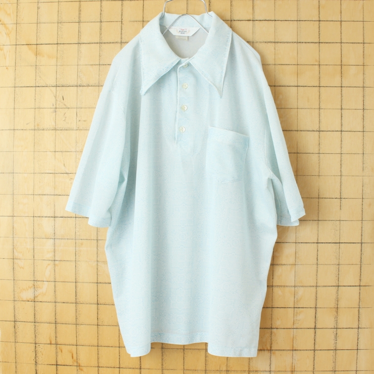 70s 80s USA製 Jantzen 総柄ポロシャツ メンズXL ライトブルー 半袖 アメリカ古着