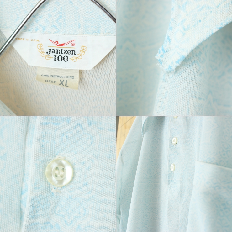 70s 80s USA製 Jantzen 総柄ポロシャツ メンズXL ライトブルー