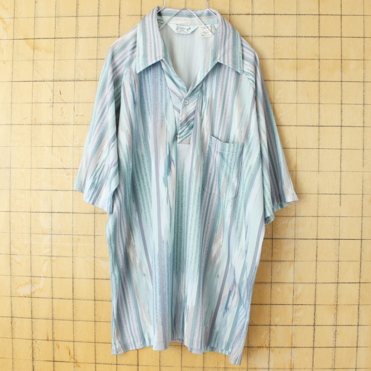 70s 80s USA製 Resort Ware オープンカラー総柄ポロシャツ メンズL ライトグリーン 半袖 アメリカ古着