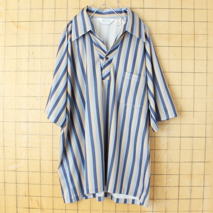 70s 80s USA製 Resort Ware オープンカラーストライプポロシャツ メンズL ブルー 半袖 アメリカ古着