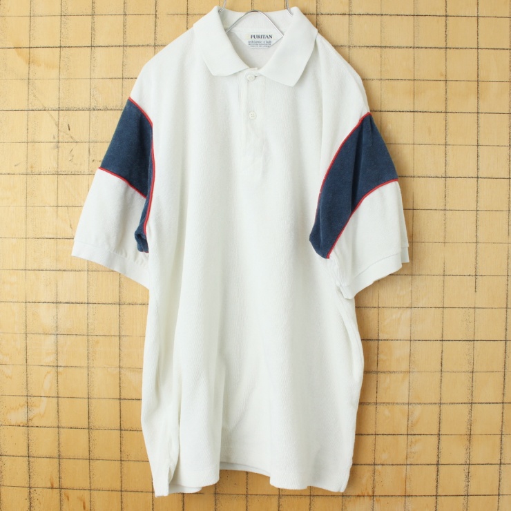 70s 80s USA PURITAN パイル地 ポロシャツ ホワイト ネイビー メンズM 半袖 ビーチ オールドサーフ アメリカ古着