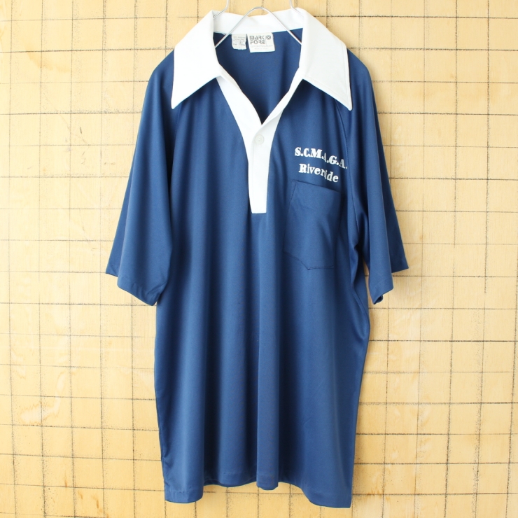 70s 80s USA製 MARK FORE ポリエステル オープンカラーポロシャツ メンズL ネイビー ブルー 半袖 アメリカ古着
